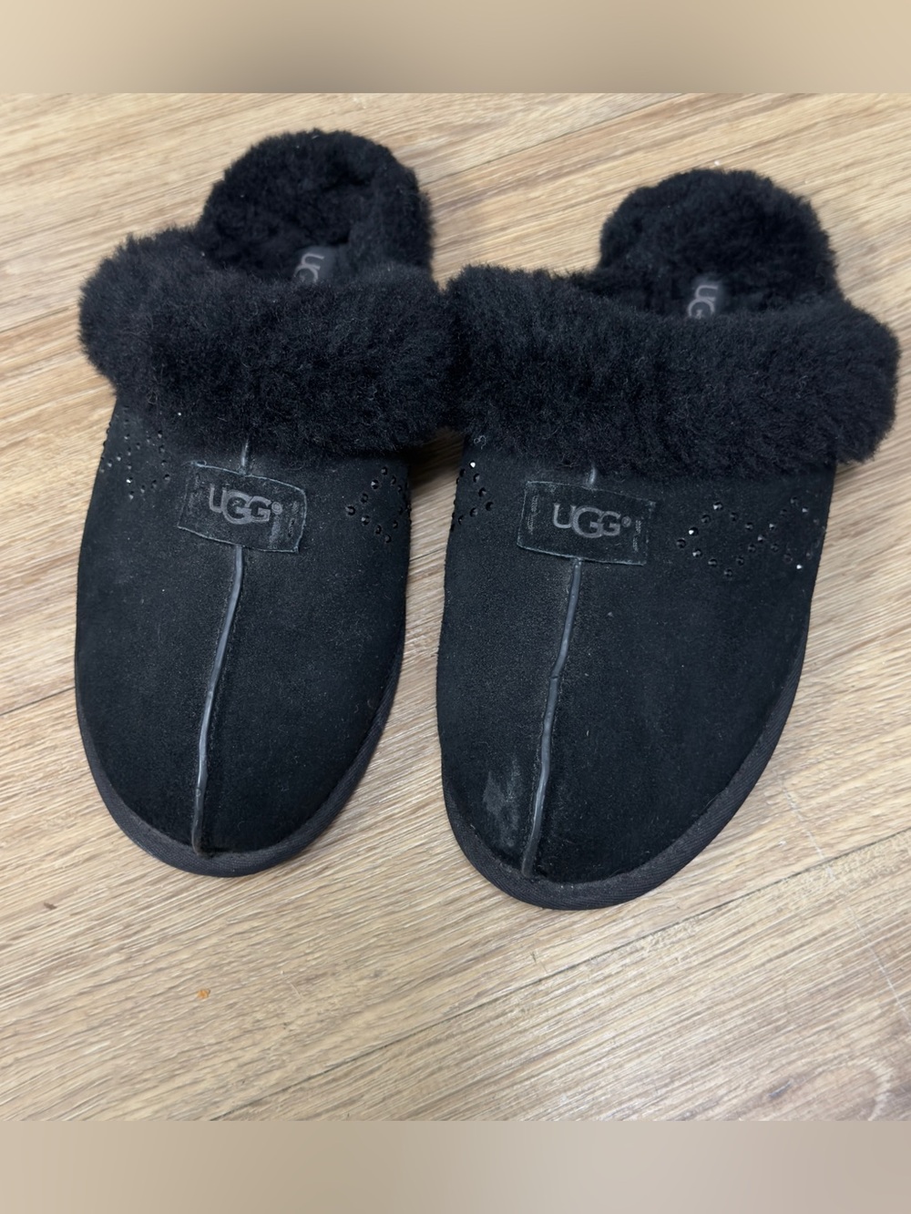 UGG Black Suede Shearling Slip-On Clog Slippers